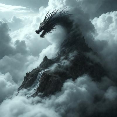 Primary subject: A dragon with a long neck and sharp teeth, surrounded by clouds and a mountain.

Setting/background: The dragon is in the sky, with a mountain in the background. The clouds are swirling around the dragon, creating a dramatic and dynamic scene.

Visual style: The image is a digital art or illustration, featuring a detailed and realistic dragon.

Colors and mood: The colors in the image are predominantly dark and moody, with the drag